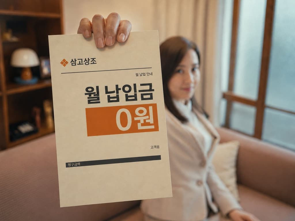 삼고상조 월 납입금 0원 안내문을 들고 있는 모습